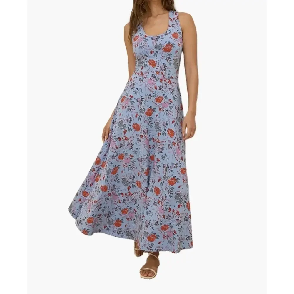 Pact Organic Cotton Fit & Flare Midi Dress Size XL stretch knit floral Blue - Picture 1 of 9